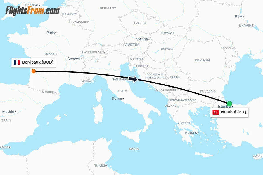 Flights from Bordeaux to Istanbul route map
