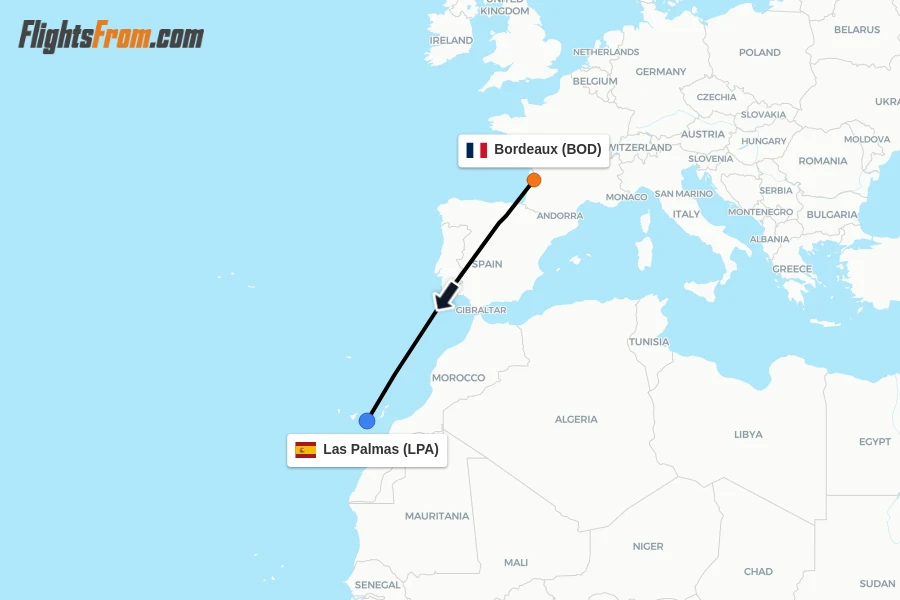 Flights from Bordeaux to Las Palmas route map
