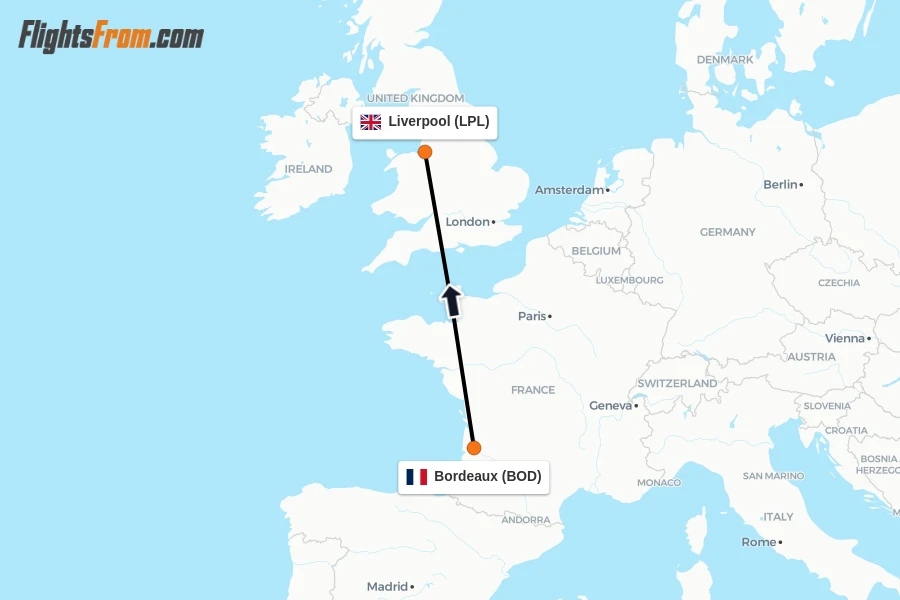 Flights from Bordeaux to Liverpool route map