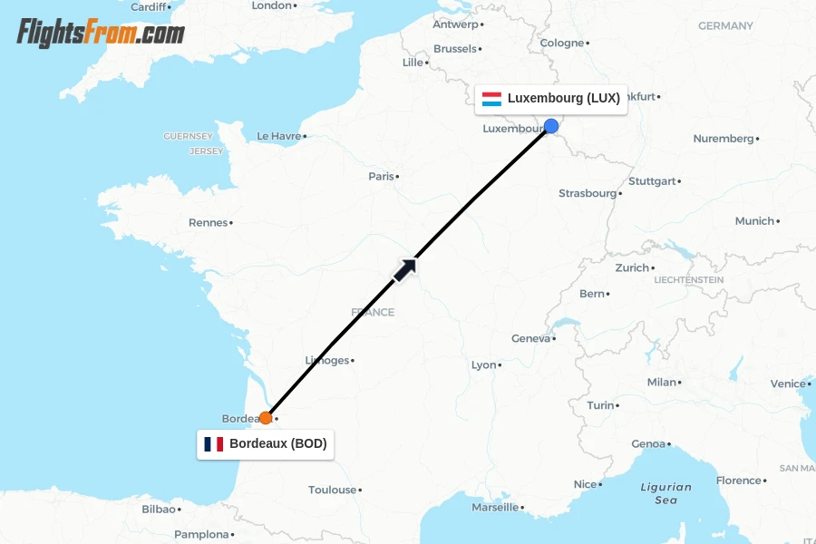 Flights from Bordeaux to Luxembourg route map