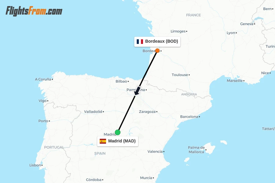 Flights from Bordeaux to Madrid route map