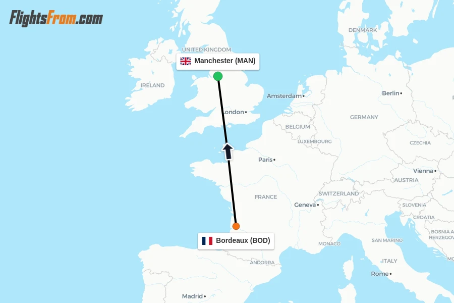 Flights from Bordeaux to Manchester route map