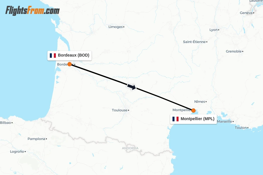 Flights from Bordeaux to Montpellier route map