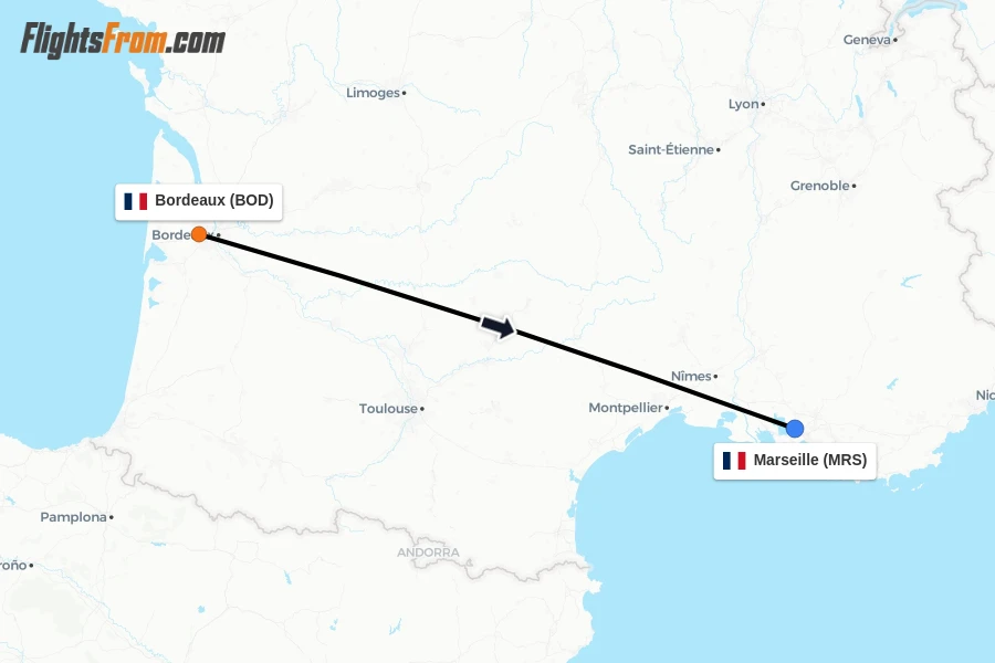 Flights from Bordeaux to Marseille route map