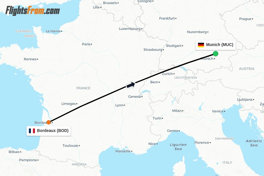 Flights from Bordeaux to Munich route map