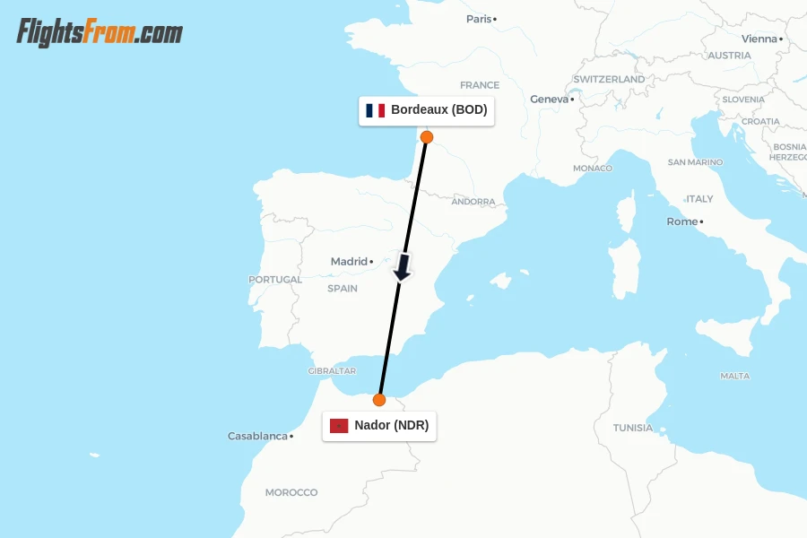 Flights from Bordeaux to Nador route map
