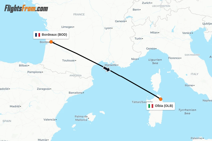 Flights from Bordeaux to Olbia route map