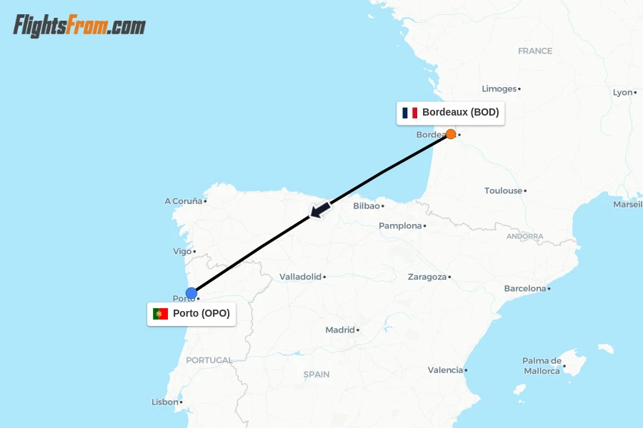 Flights from Bordeaux to Porto route map