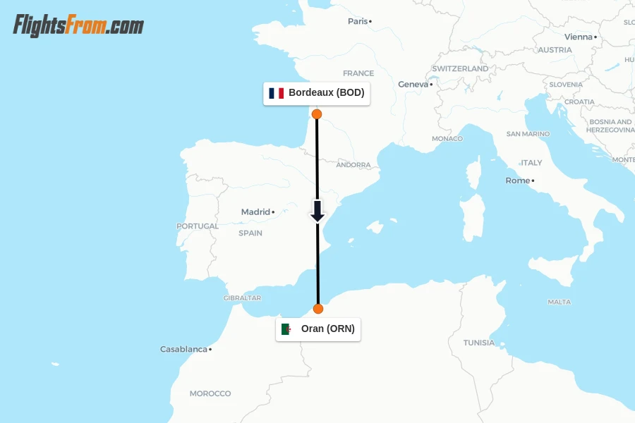 Flights from Bordeaux to Oran route map