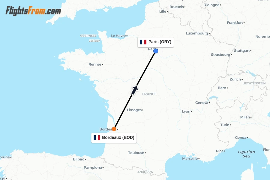 Flights from Bordeaux to Paris route map