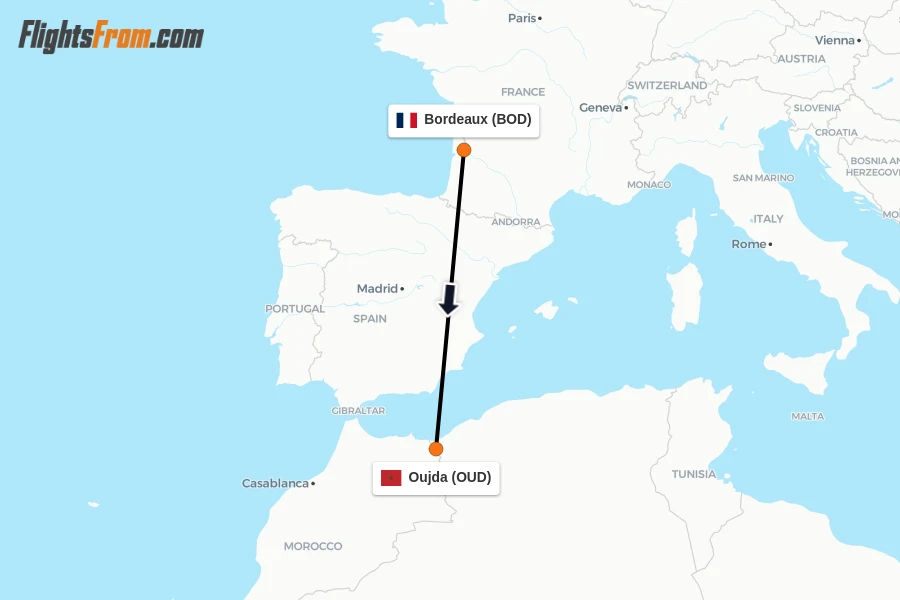 Flights from Bordeaux to Oujda route map