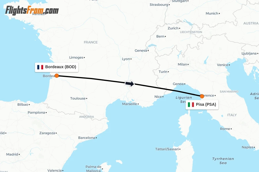 Flights from Bordeaux to Pisa route map