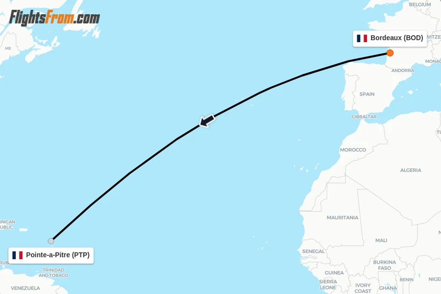 Flights from Bordeaux to Pointe-a-Pitre route map