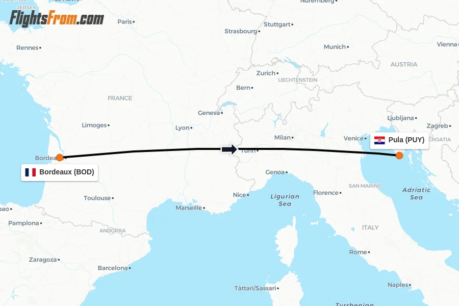 Flights from Bordeaux to Pula route map