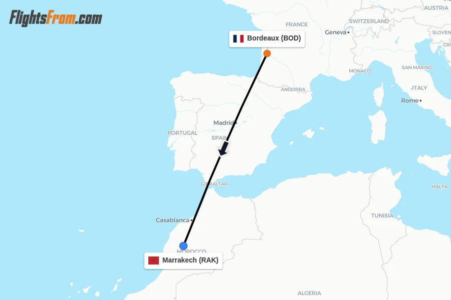 Flights from Bordeaux to Marrakech route map