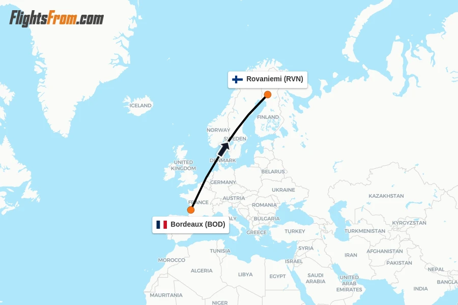 Flights from Bordeaux to Rovaniemi route map