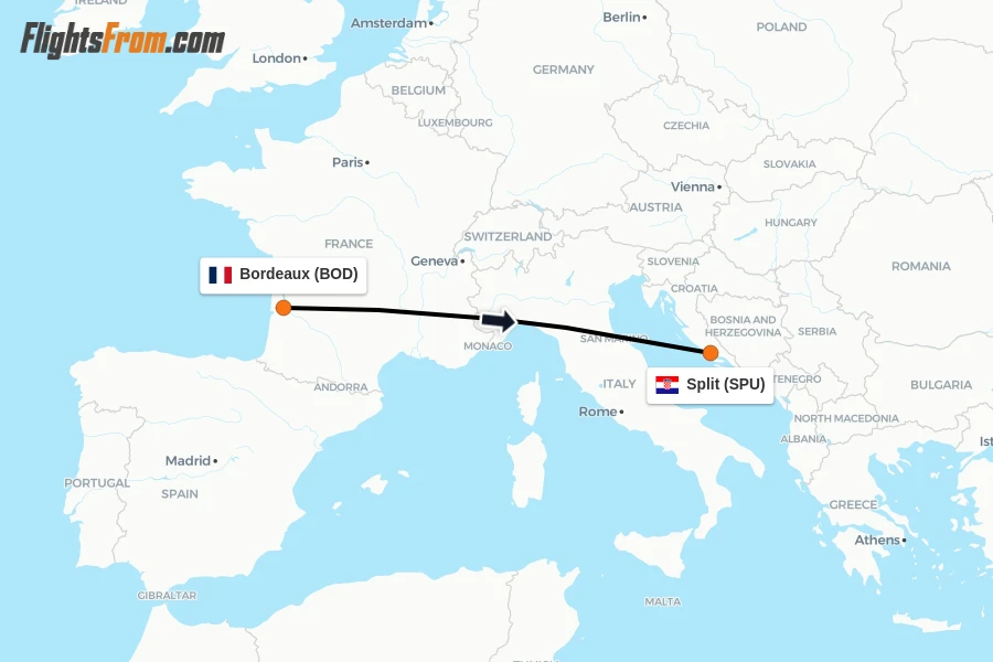 Flights from Bordeaux to Split route map
