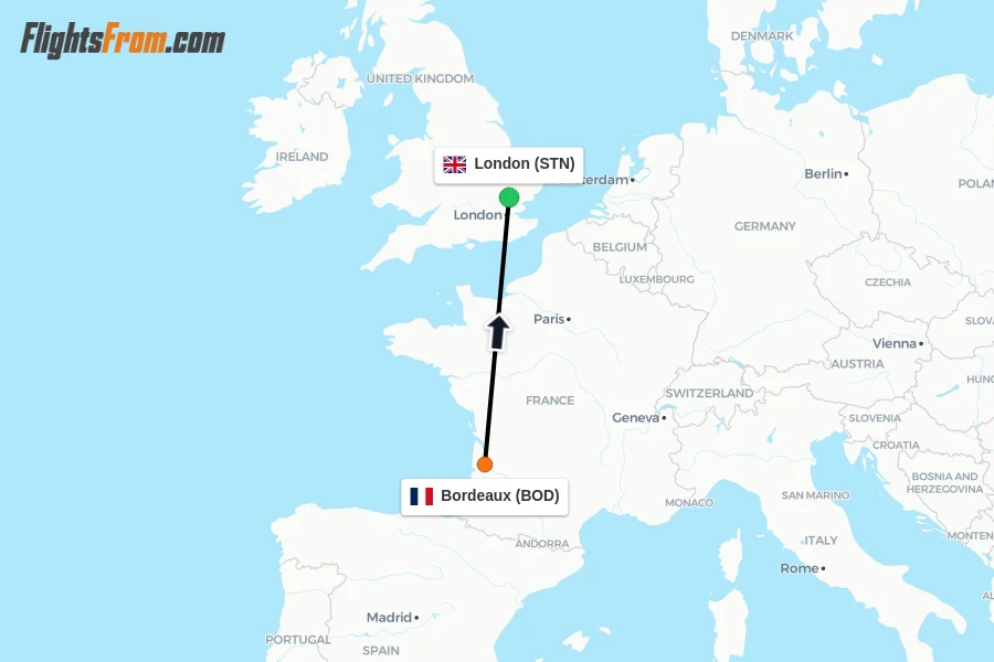 Flights from Bordeaux to London route map