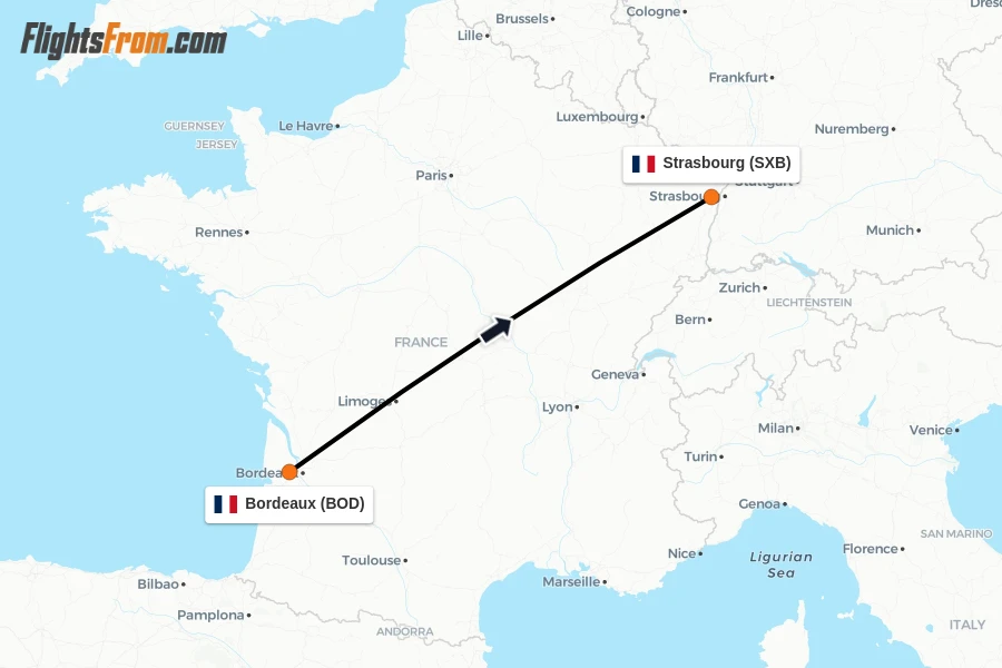 Flights from Bordeaux to Strasbourg route map