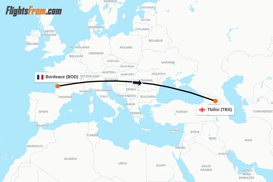 Flights from Bordeaux to Tbilisi route map