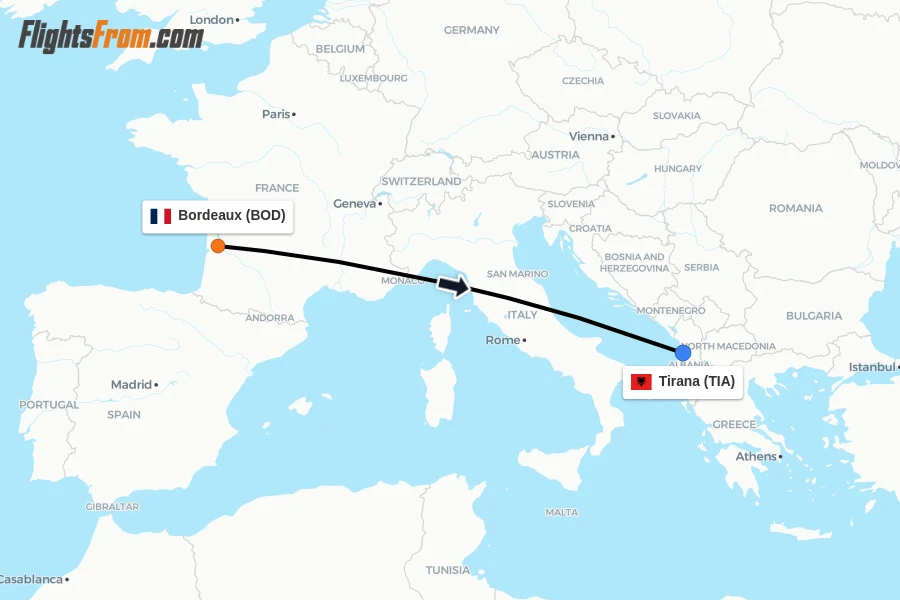 Flights from Bordeaux to Tirana route map