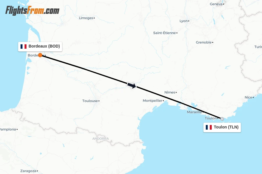 Flights from Bordeaux to Toulon route map