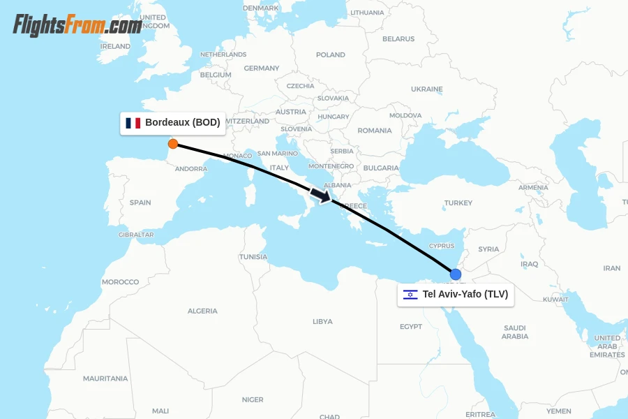 Flights from Bordeaux to Tel Aviv-Yafo route map