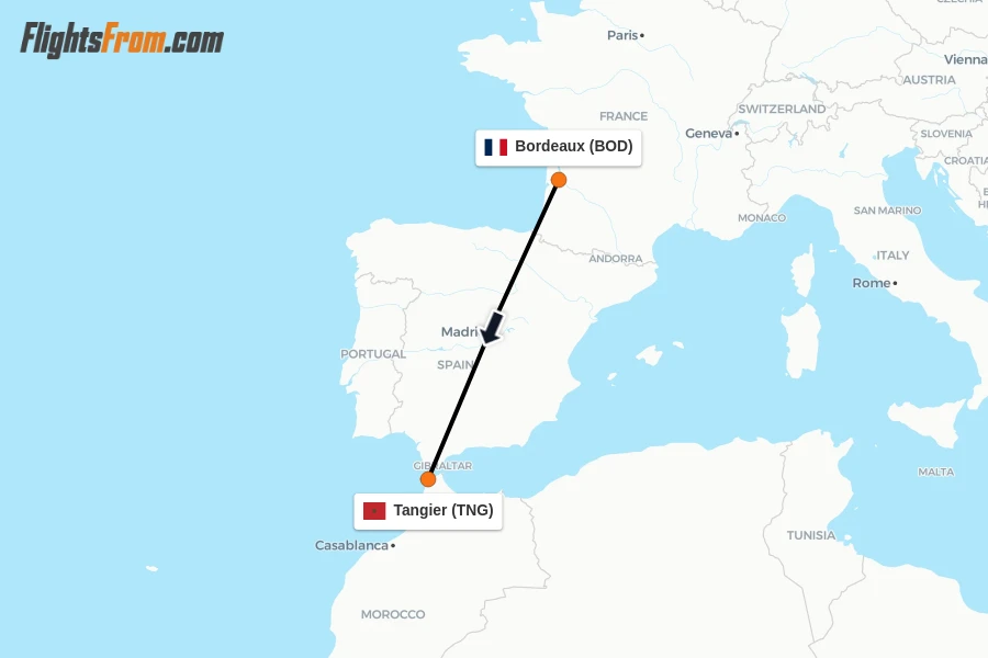 Flights from Bordeaux to Tangier route map