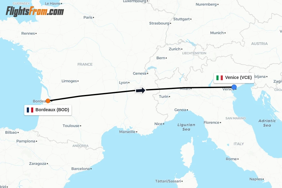 Flights from Bordeaux to Venice route map