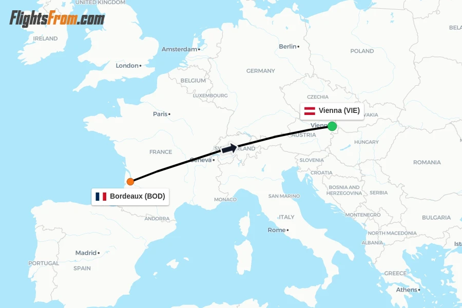 Flights from Bordeaux to Vienna route map