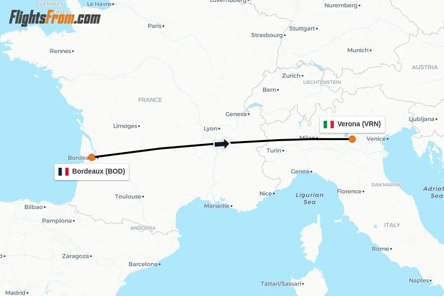 Flights from Bordeaux to Verona route map