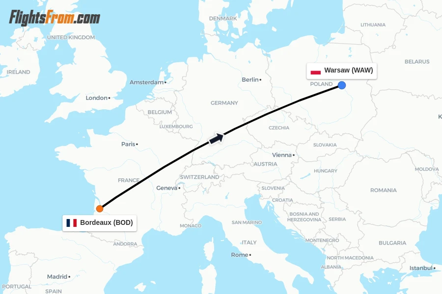 Flights from Bordeaux to Warsaw route map