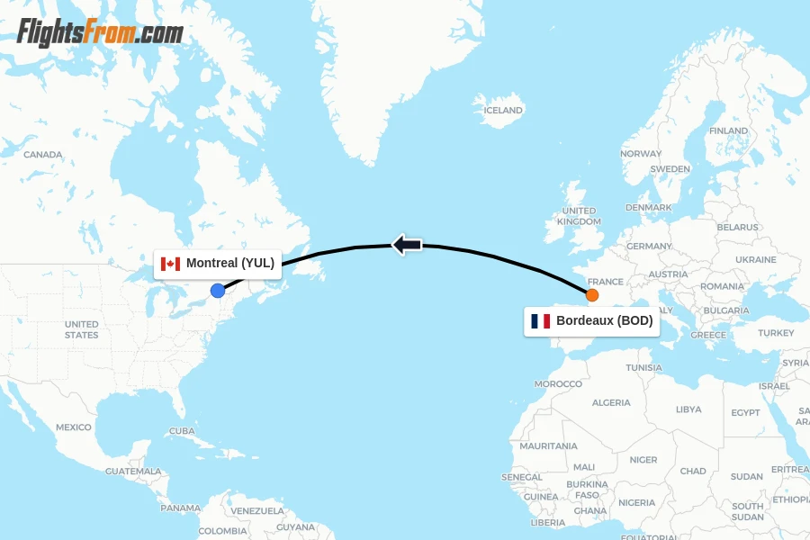 Flights from Bordeaux to Montreal route map