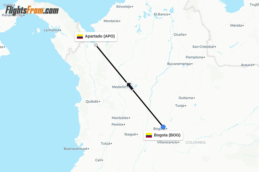 Flights from Bogota to Apartado route map