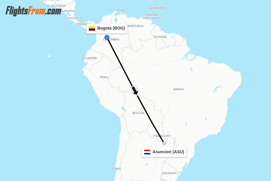 Flights from Bogota to Asuncion route map