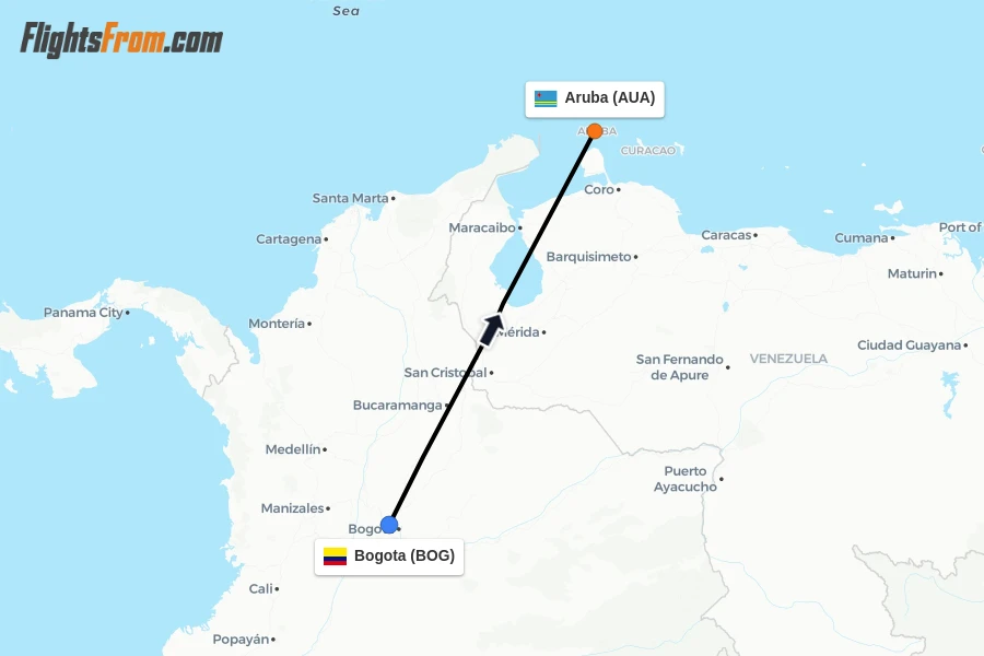 Flights from Bogota to Aruba route map