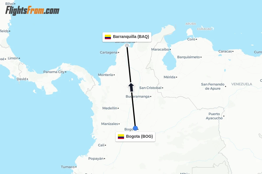 Flights from Bogota to Barranquilla route map