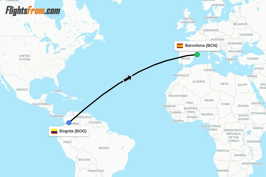 Flights from Bogota to Barcelona route map
