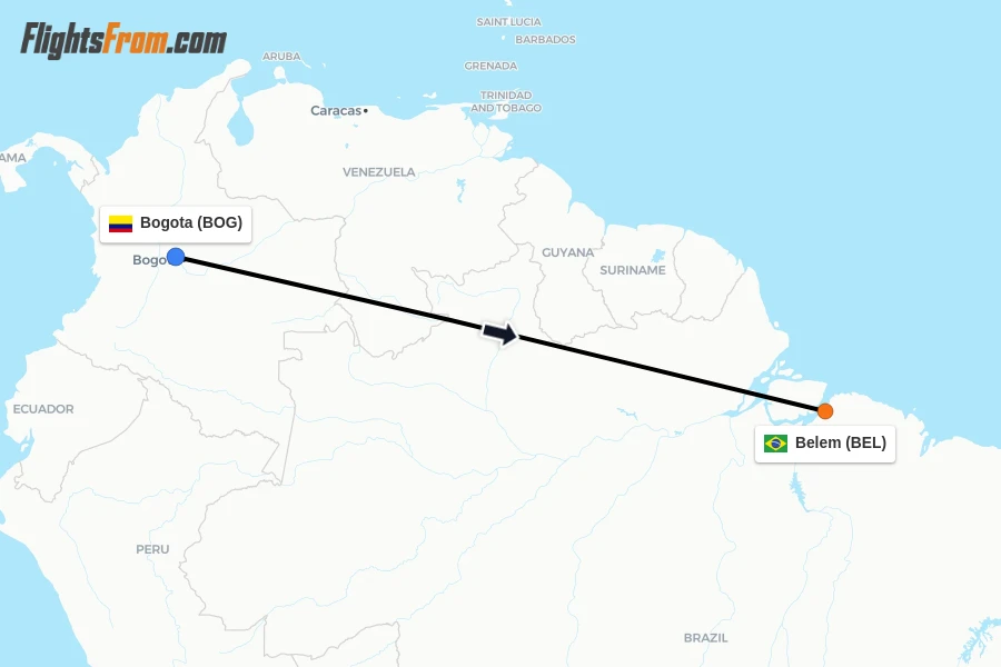 Flights from Bogota to Belem route map
