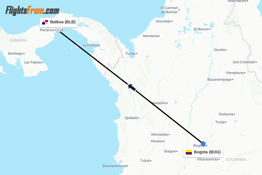 Flights from Bogota to Balboa route map