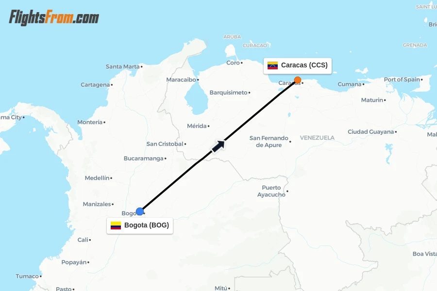 Flights from Bogota to Caracas route map