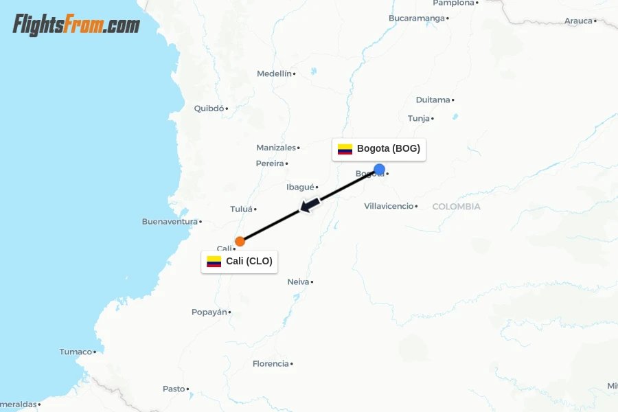 Flights from Bogota to Cali route map