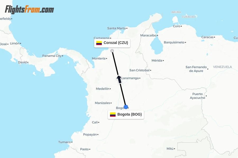 Flights from Bogota to Corozal route map