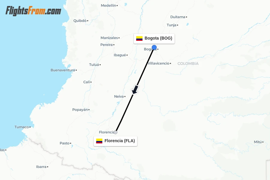 Flights from Bogota to Florencia route map