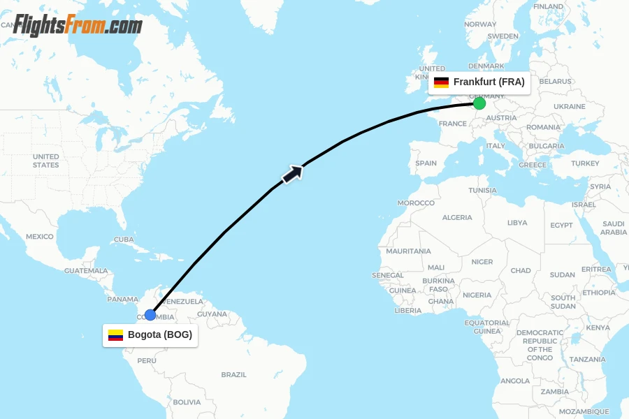 Flights from Bogota to Frankfurt route map
