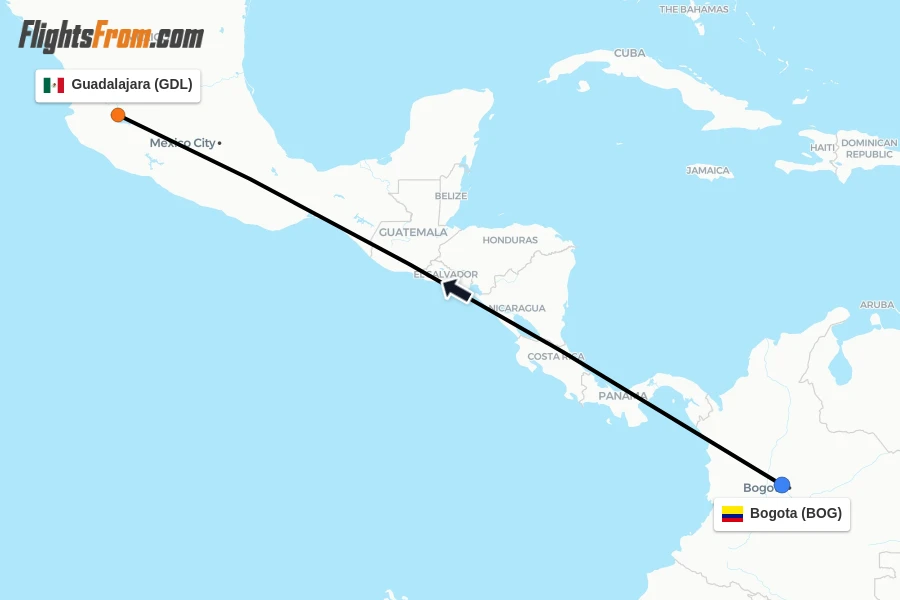 Flights from Bogota to Guadalajara route map