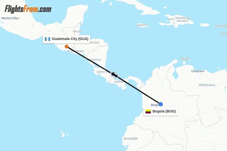 Flights from Bogota to Guatemala City route map