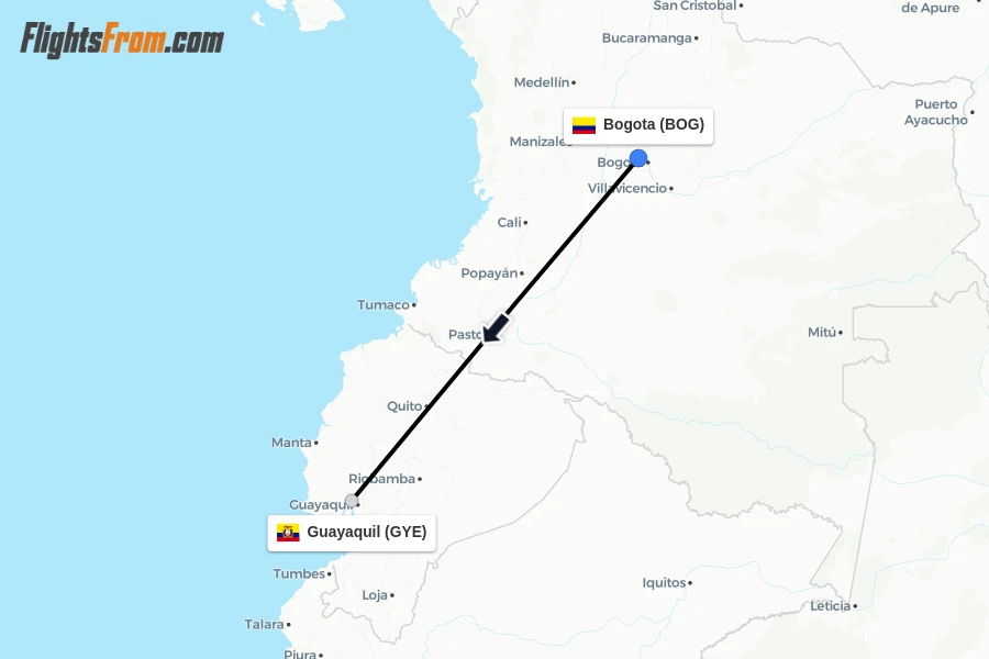 Flights from Bogota to Guayaquil route map
