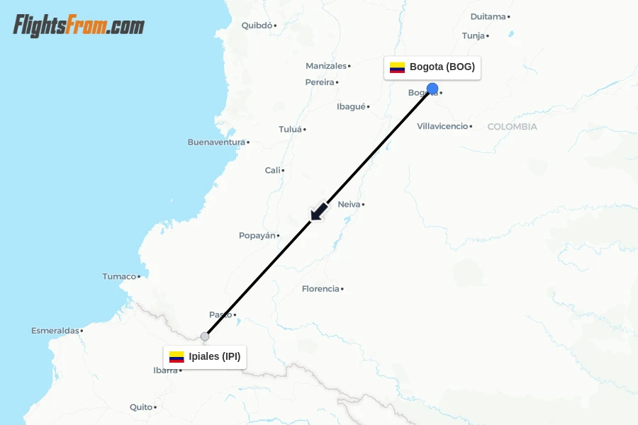 Flights from Bogota to Ipiales route map