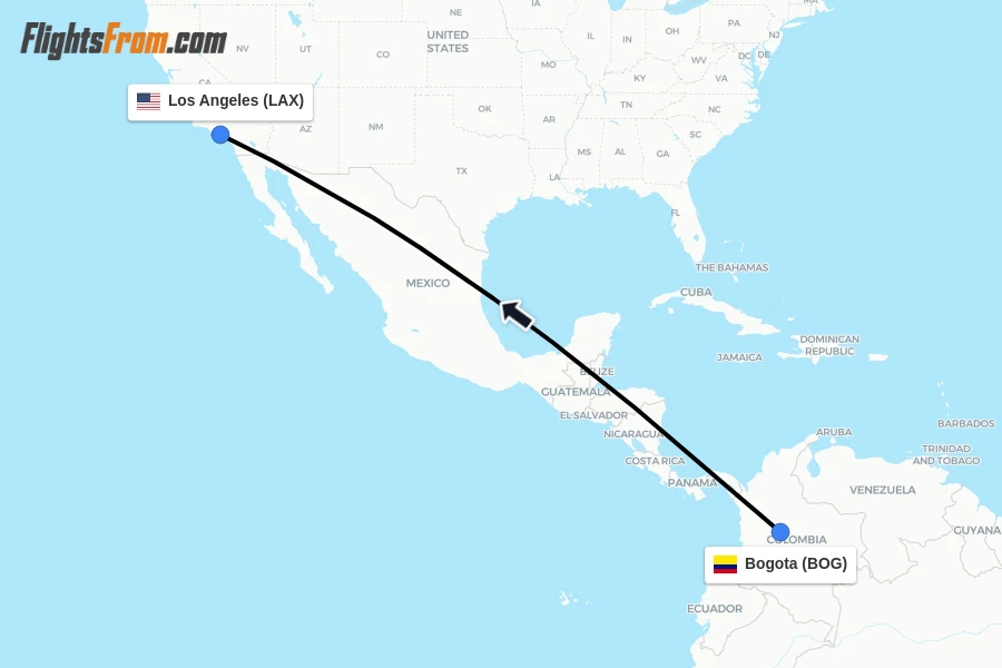 Flights from Bogota to Los Angeles route map